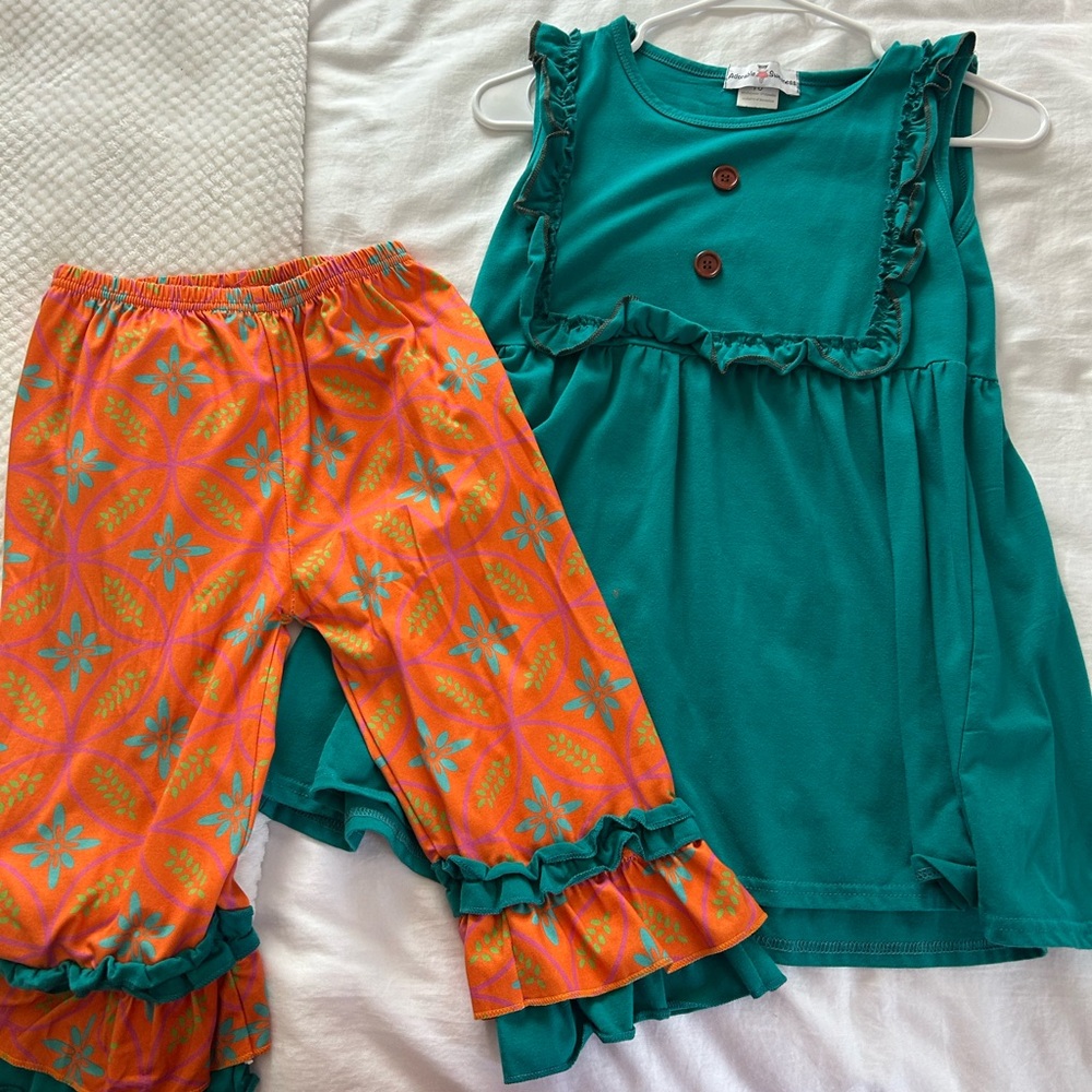Teal Ruffle Top and Orange Patterned Pants Set